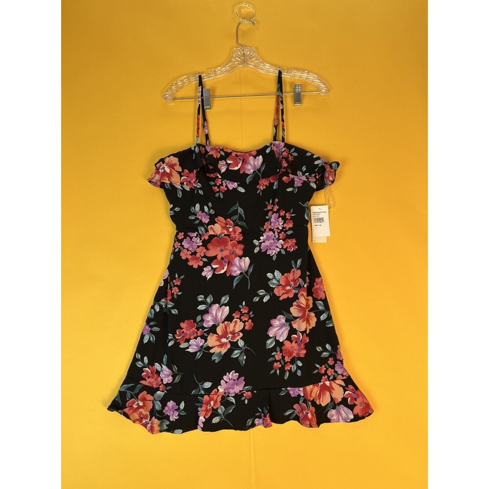 RowA Ruffled Mini Dress Black Floral Womens L Spaghetti Strap Sleeveless NWT